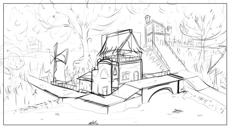 Concept art of Strawtown—a friendly bastion of peace amid the energy of the surrounding adventure